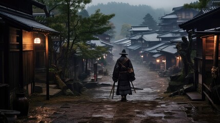Fototapeta premium A samurai stands in the alley of an old house in the Kicho Valley at night.Generated with AI
