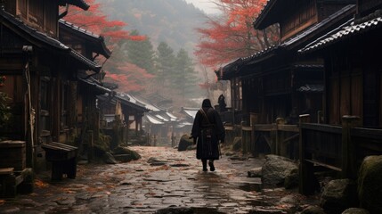 A samurai stands in the alley of an old house in the Kicho Valley at night.Generated with AI