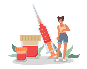 Young lady showing patch on hand and standing near syringe and donating blood. Volunteering organization members. Lifesaving impact of blood. Flat vector illustration in cartoon style