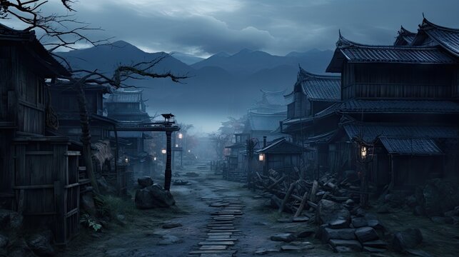 A samurai stands in the alley of an old house in the Kicho Valley at night.Generated with AI