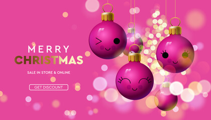 Merry Christmas sale banner with pink colorful baubles sparkle in blur bokeh effect pink background. 