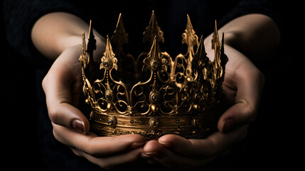 Mysterious and magical image of womans hand holding a queens crown