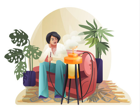 Lady sitting near hookah and smoking. Hookah lounge club. Traditional oriental leisure and tobacco smoking in pub. Flat vector illustration in cartoon style in green and red colors