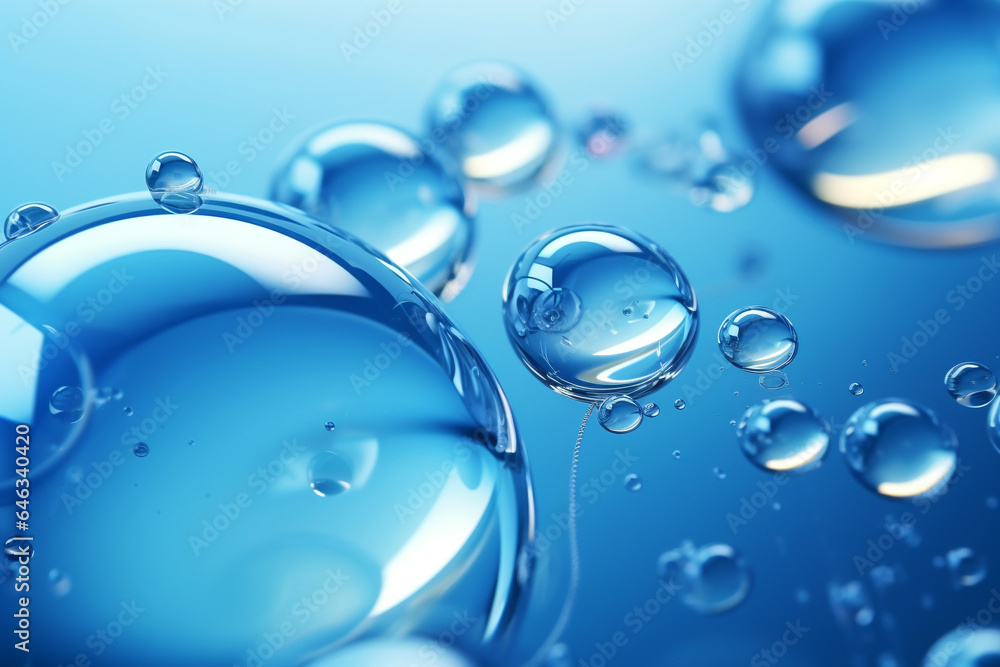 Poster close up of water with bubbles on a blue background for cosmetic background.created with generative 