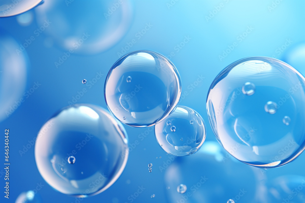 Poster close up of water with bubbles on a blue background for cosmetic background.created with generative 