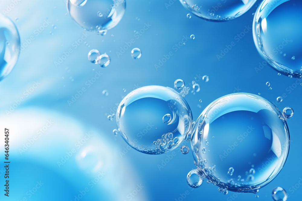 Poster close up of water with bubbles on a blue background for cosmetic background.created with generative 