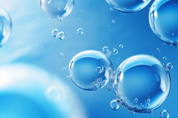 Close up of water with bubbles on a blue background for cosmetic background.Created with Generative AI technology.