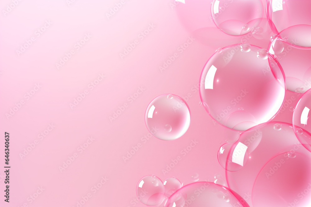 Poster close up of water with bubbles on a pink background for cosmetic background.created with generative 