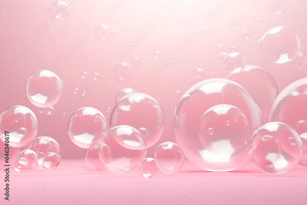Poster close up of water with bubbles on a pink background for cosmetic background.created with generative 