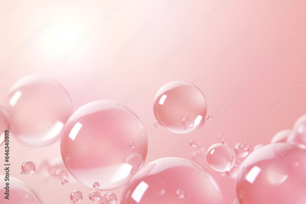 Poster close up of water with bubbles on a pink background for cosmetic background.created with generative 
