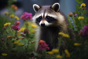 Fototapeta premium A young raccoon in the flower garden