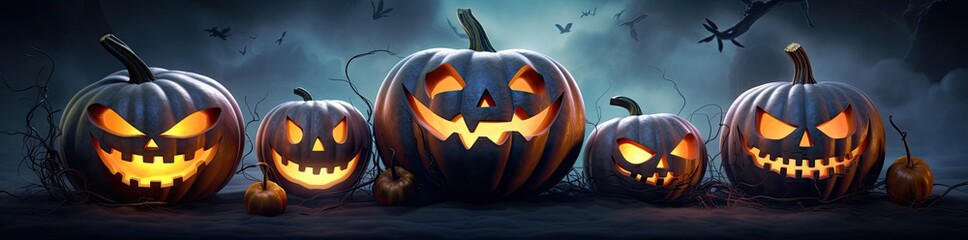 Halloween pumpkin head jack o lantern with glowing face on dark background. Generative AI