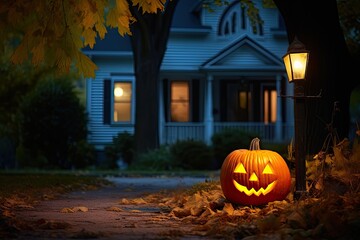 Obraz premium Jack-o-lantern Halloween pumpkin near the house. Festive home decorations. Generative AI