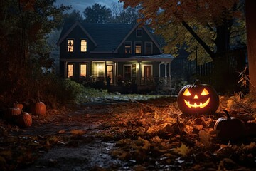 Jack-o-lantern Halloween pumpkin near the house. Festive home decorations. Generative AI