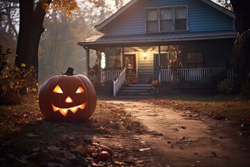 Jack-o-lantern Halloween pumpkin near the house. Festive home decorations. Generative AI