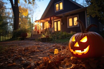 Jack-o-lantern Halloween pumpkin near the house. Festive home decorations. Generative AI