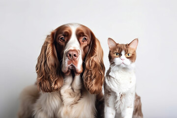 Cute cat and dog, friends for life, sitting together in harmony, promoting animal adoption and rescue. AI Generative.