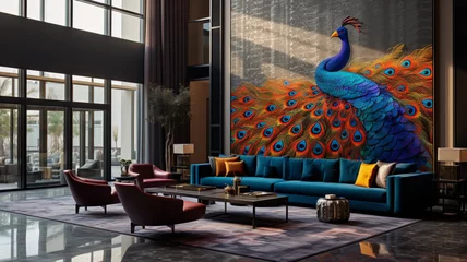 Poster Im Rahmen Wide angle shot of a modern arabian luxury condo living room with vibrant modern furniture and amazing wall art of a beautiful peacock © alhaitham