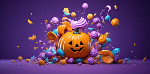 Naklejka premium Halloween pumpkin on purple background. Seasonal party. Generative AI