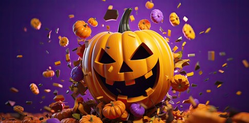 Halloween pumpkin on purple background. Seasonal party. Generative AI
