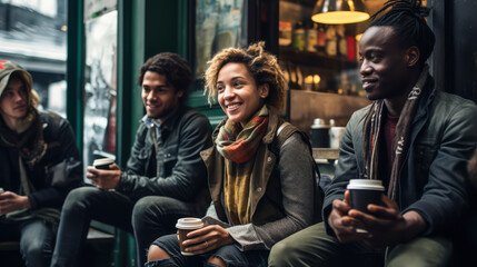 A diverse group of young adults enjoy coffee and conversation, capturing the moment with smiles and a selfie, fostering friendship and togetherness