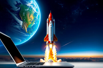 Business aspirations take flight in this stock photo with a laptop and rocket concept, AI Generated