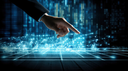 A businessman interacts with futuristic digital business technology, exploring data and information in a virtual cyberspace interface