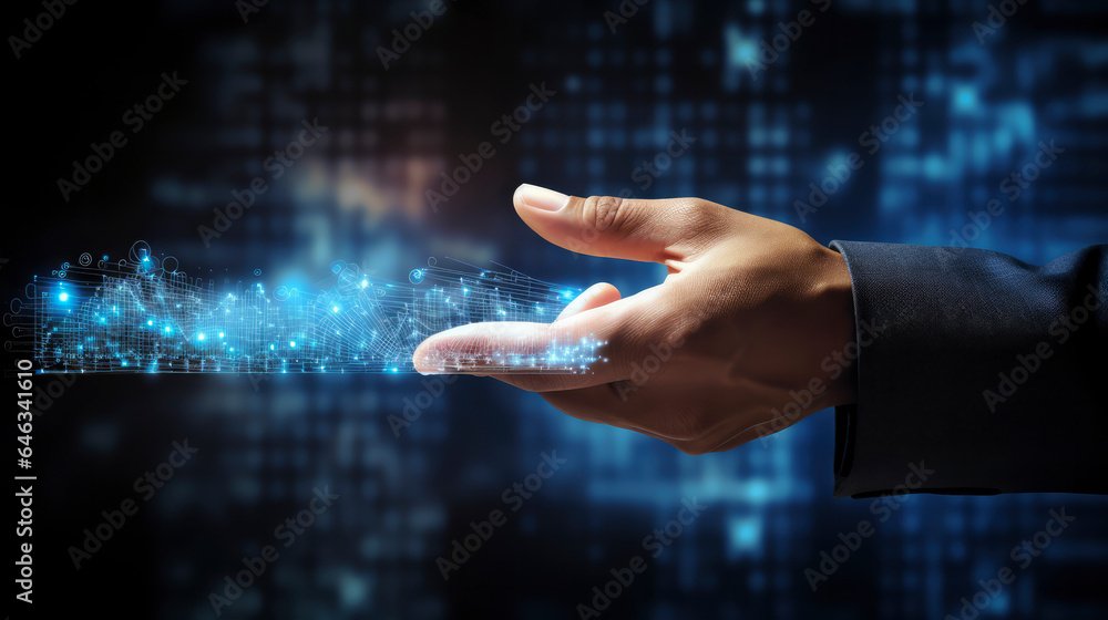 Poster a businessman interacts with futuristic digital business technology, exploring data and information 