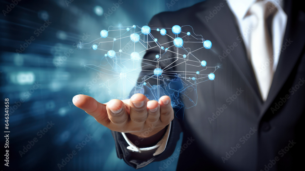 Poster an innovative businessman explores the digital realm, connecting with the global network through adv