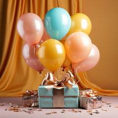 Colorful balloons bunch tied with a gift box on a gry wall background with copy space. Birthday, wedding, party or celebration concept