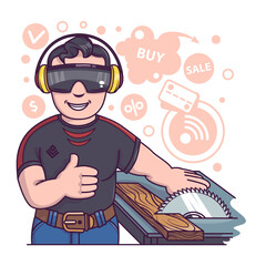 Worker in protective glasses cutting wood on special machine. Order and buying different instruments for work with wood. Online shopping. Flat vector illustration in cartoon style