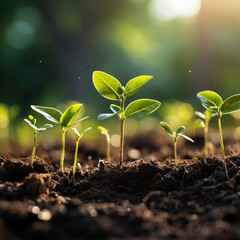 The seedling are growing from the rich soil to the morning sunlight that is shining, ecology concept.