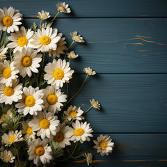 Daisy flowers on wooden background, summer chamomile flat lay banner.