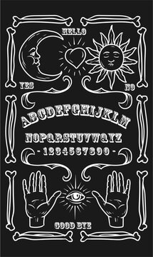 Graphic template inspired by Ouija Board. Black and white symbols of moon, sun, texts and alphabet. Gothic typography. Ghosts and demons calling game.