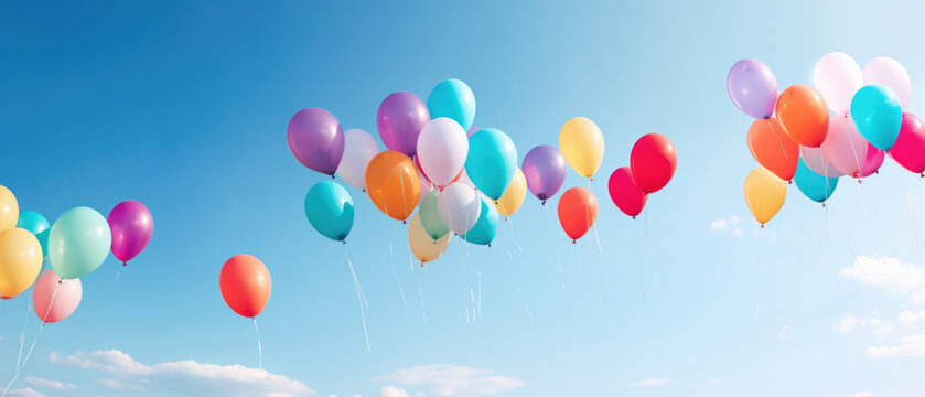 A large bunch of yellow Helium ballons straining on their strings against a sunny sky with white clouds.