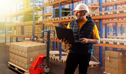 Logistics warehouse manager. Man with laptop. Guy in storage center. Manager near shelves with boxes. Logistics warehouse employee. Man makes career as storekeeper. Warehouse loader near pallet jack.