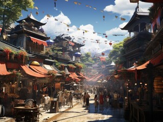Bustling street market in a bustling Asian city, filled with colorful textiles, aromatic street food, and energetic crowds Generative AI