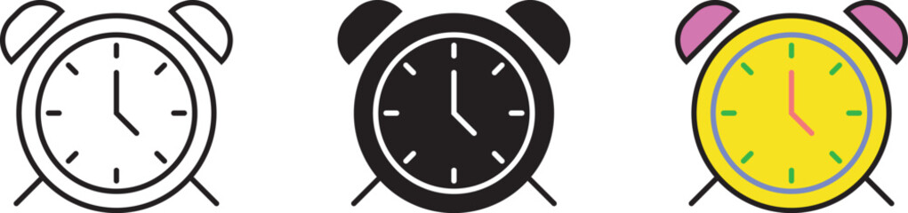 Alarm clock icons collection. Lined, isolated and colored style. Vector illustration
