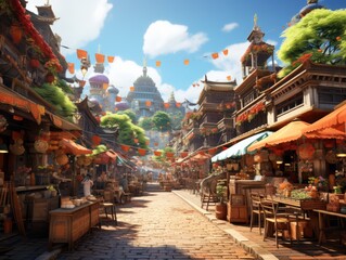 Obraz premium Bustling street market in a bustling Asian city, filled with colorful textiles, aromatic street food, and energetic crowds Generative AI