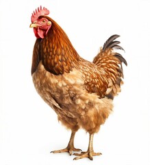A brown and white rooster standing on a white background