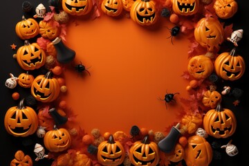 Top view Halloween concept with pumpkins on a solid colour