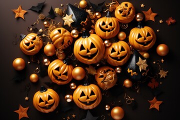 Top view Halloween concept with pumpkins on a solid colour