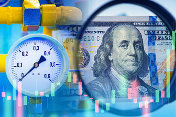 Gas prices. Gas pipe with pressure sensor. Dollars are metaphor for gas prices. Magnifying glass near price fluctuation chart. Buying and selling methane on stock exchange. Propane price. 3d image