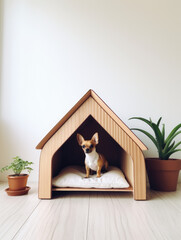 Dog sitting in pet booth. Cozy house inside interior.