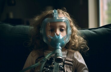 Kid girl wearing nebulizer. Generate Ai