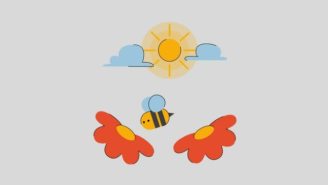 animation of a bee flying over two flowers
