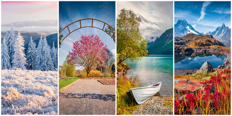 Collage of four seasons landscapes. Set of vertical pictures of nature background arranged in panoramic view. Wonderful outdoor scene of majestic mountains, green meadows and blooming flowers.