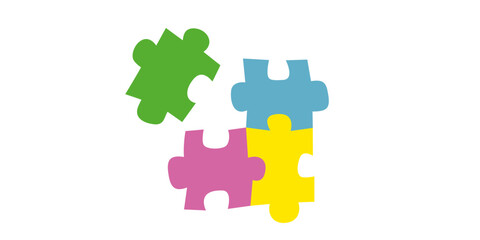 Four bright colored puzzle pieces. Problem solving and solution business metaphor. Drawing of puzzle piece for idea, business, thinking process. Икпре game elements. Vector illustration