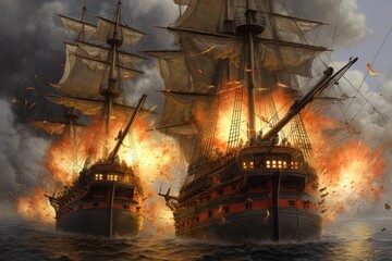 Sailing ships fight each other with cannons blazing. Great for stories on history, maritime warfare, pirates, adventure, the age of sail and more.