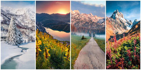 Collage of four seasons landscapes. Set of vertical pictures of nature background arranged in panoramic view. Wonderful outdoor scene of majestic mountains, green meadows and blooming flowers.